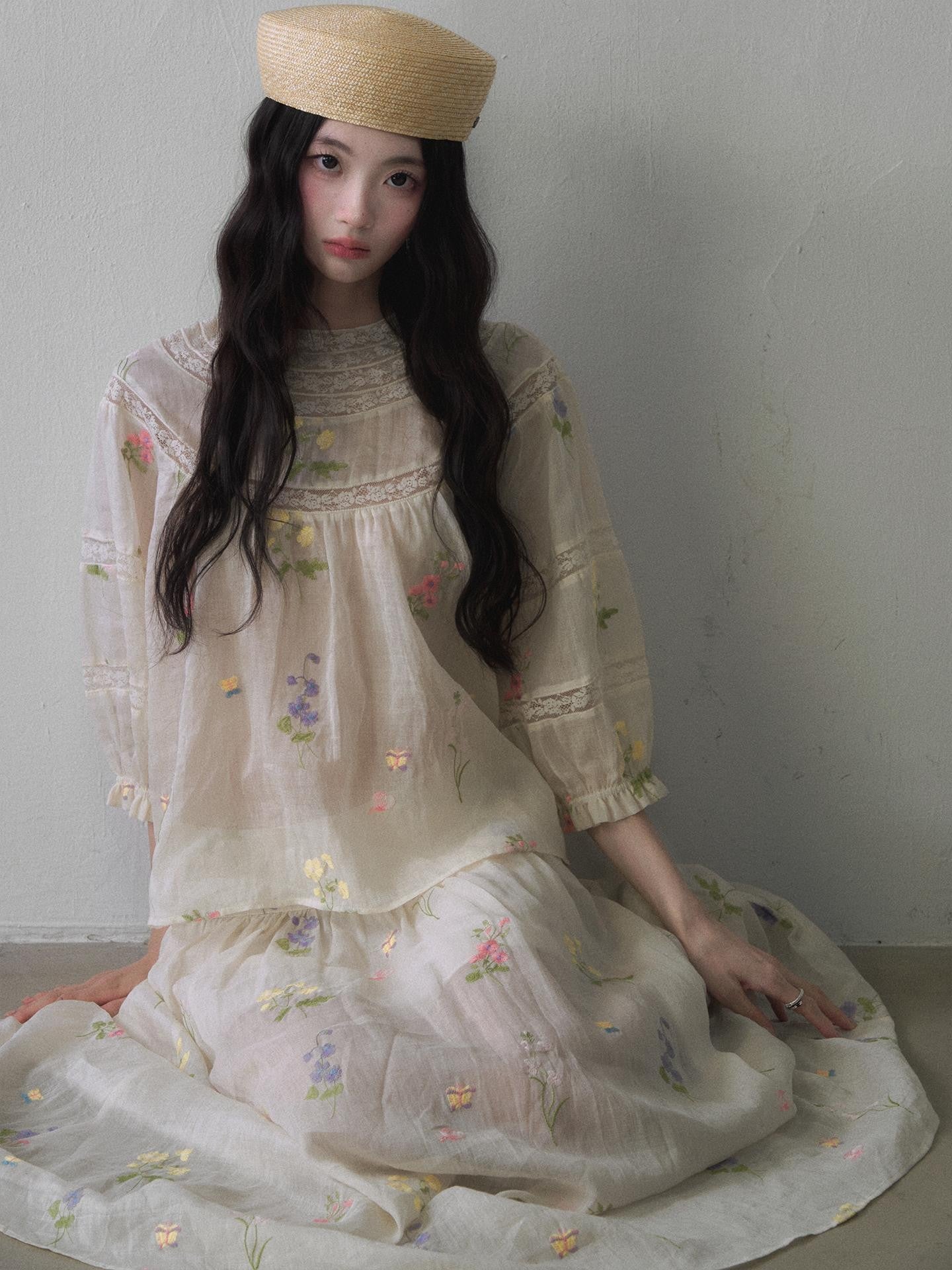 1P STUDIO Colorful Embroidered Puff Sleeve Floral Women&