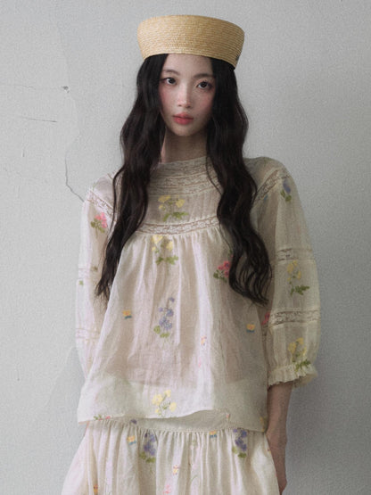 1P STUDIO Colorful Embroidered Puff Sleeve Floral Women&