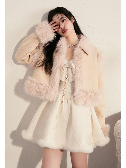 1P STUDIO Contrast Colorblock Suede Shearling Patchwork Women&
