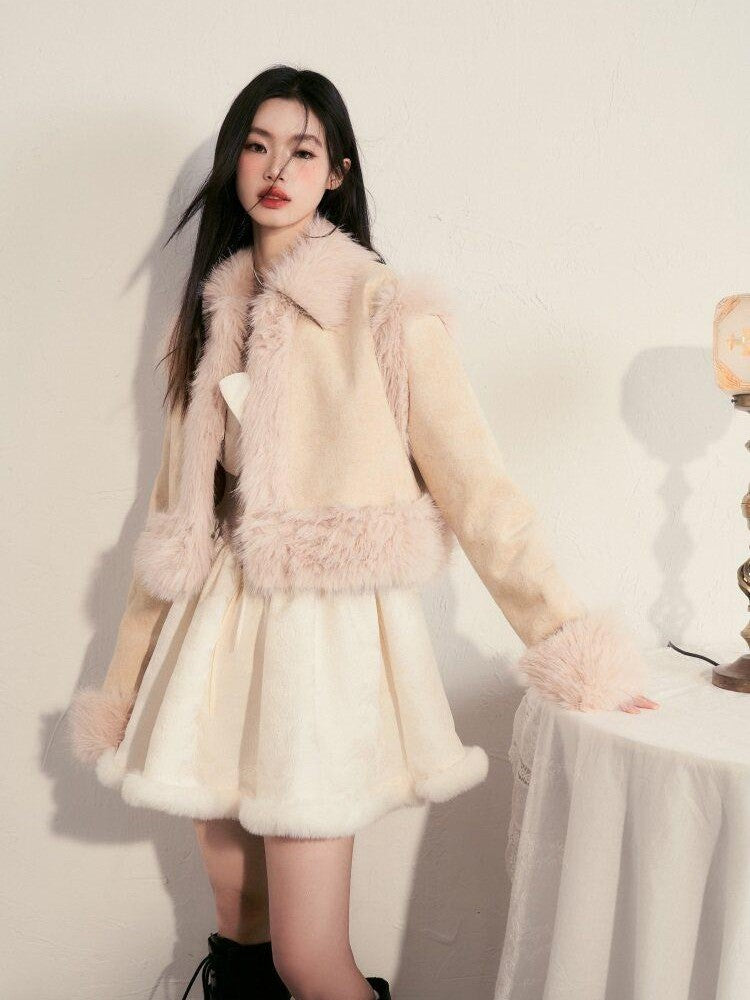 1P STUDIO Contrast Colorblock Suede Shearling Patchwork Women&