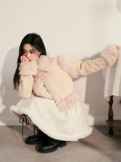 1P STUDIO Contrast Colorblock Suede Shearling Patchwork Women&