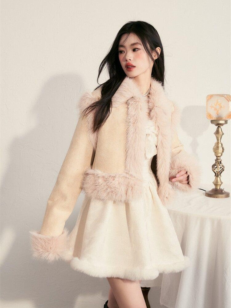 1P STUDIO Contrast Colorblock Suede Shearling Patchwork Women&