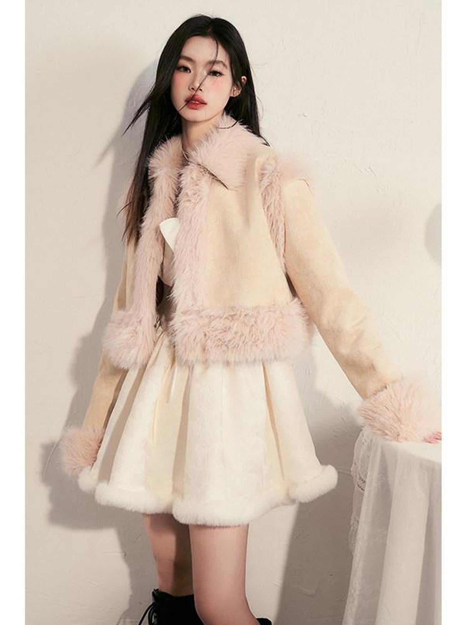 1P STUDIO Contrast Colorblock Suede Shearling Patchwork Women&