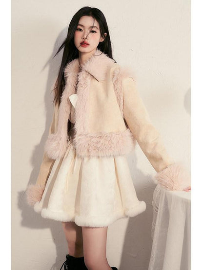 1P STUDIO Contrast Colorblock Suede Shearling Patchwork Women&