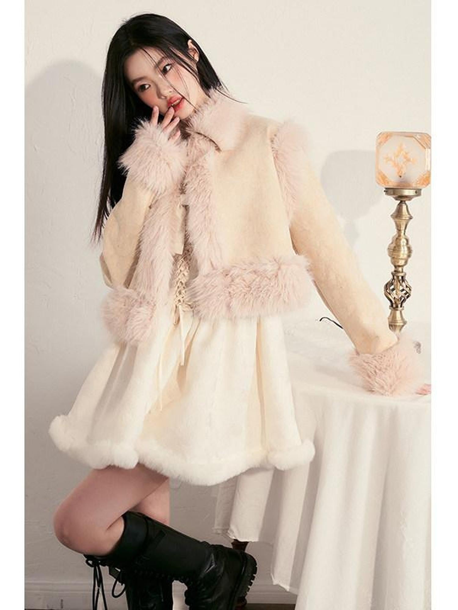 1P STUDIO Contrast Colorblock Suede Shearling Patchwork Women&
