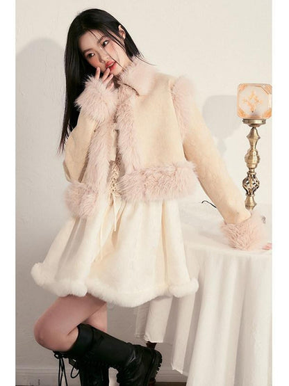 1P STUDIO Contrast Colorblock Suede Shearling Patchwork Women&