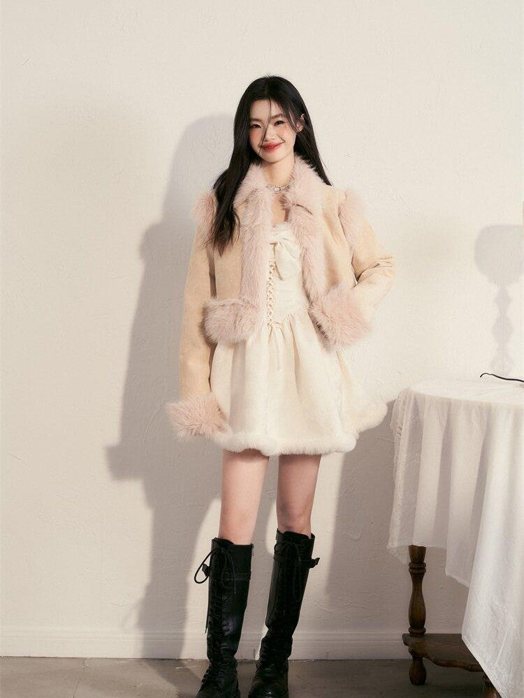 1P STUDIO Contrast Colorblock Suede Shearling Patchwork Women&