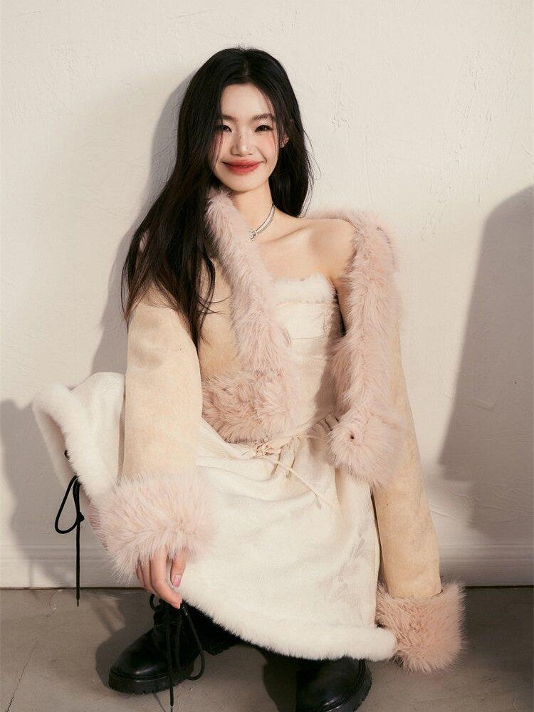 1P STUDIO Contrast Colorblock Suede Shearling Patchwork Women&