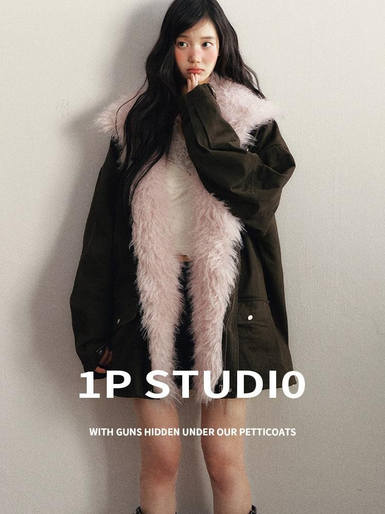 1P STUDIO Contrast Utility Detachable Fur Collar Women&