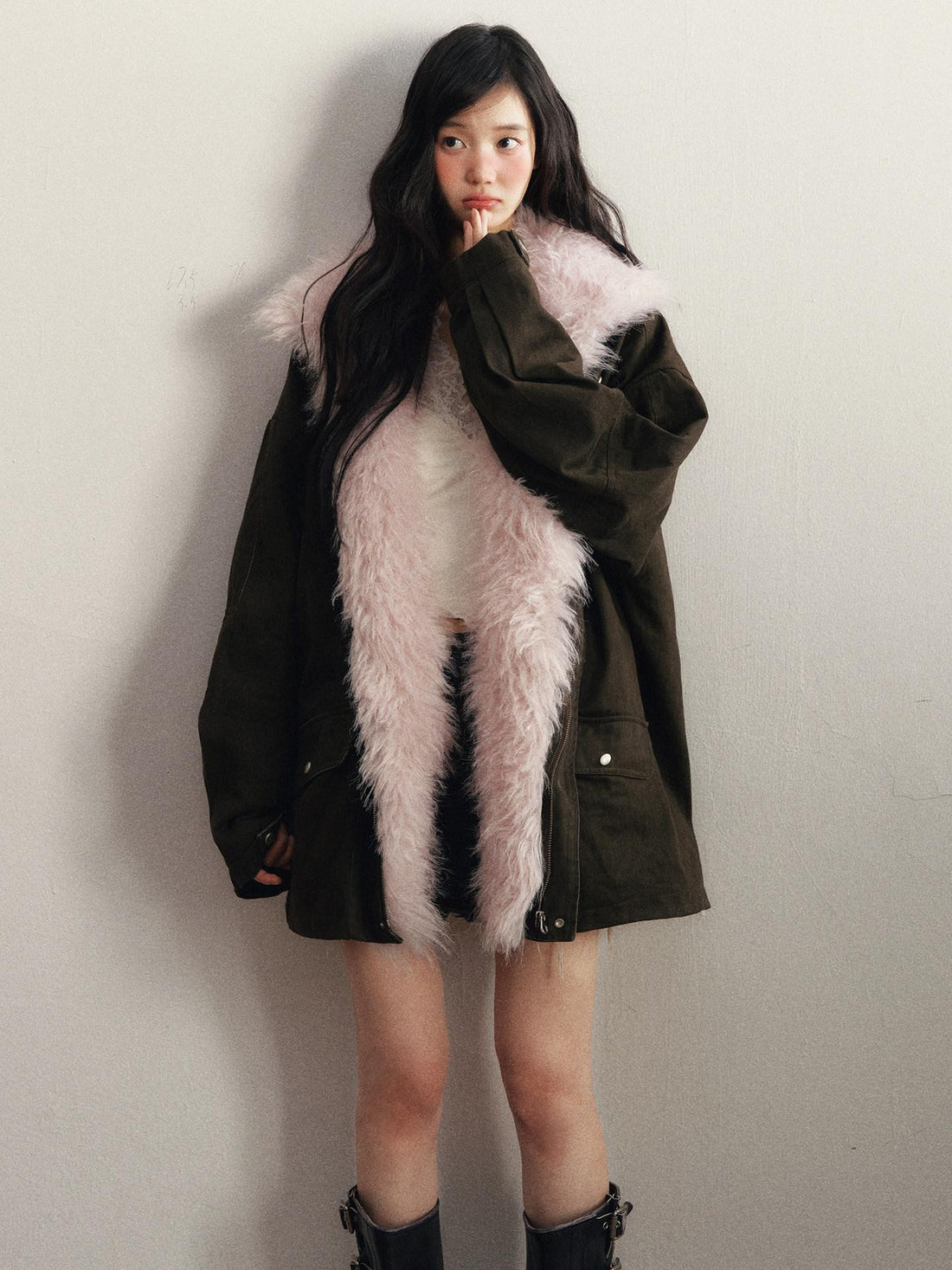 1P STUDIO Contrast Utility Detachable Fur Collar Women&