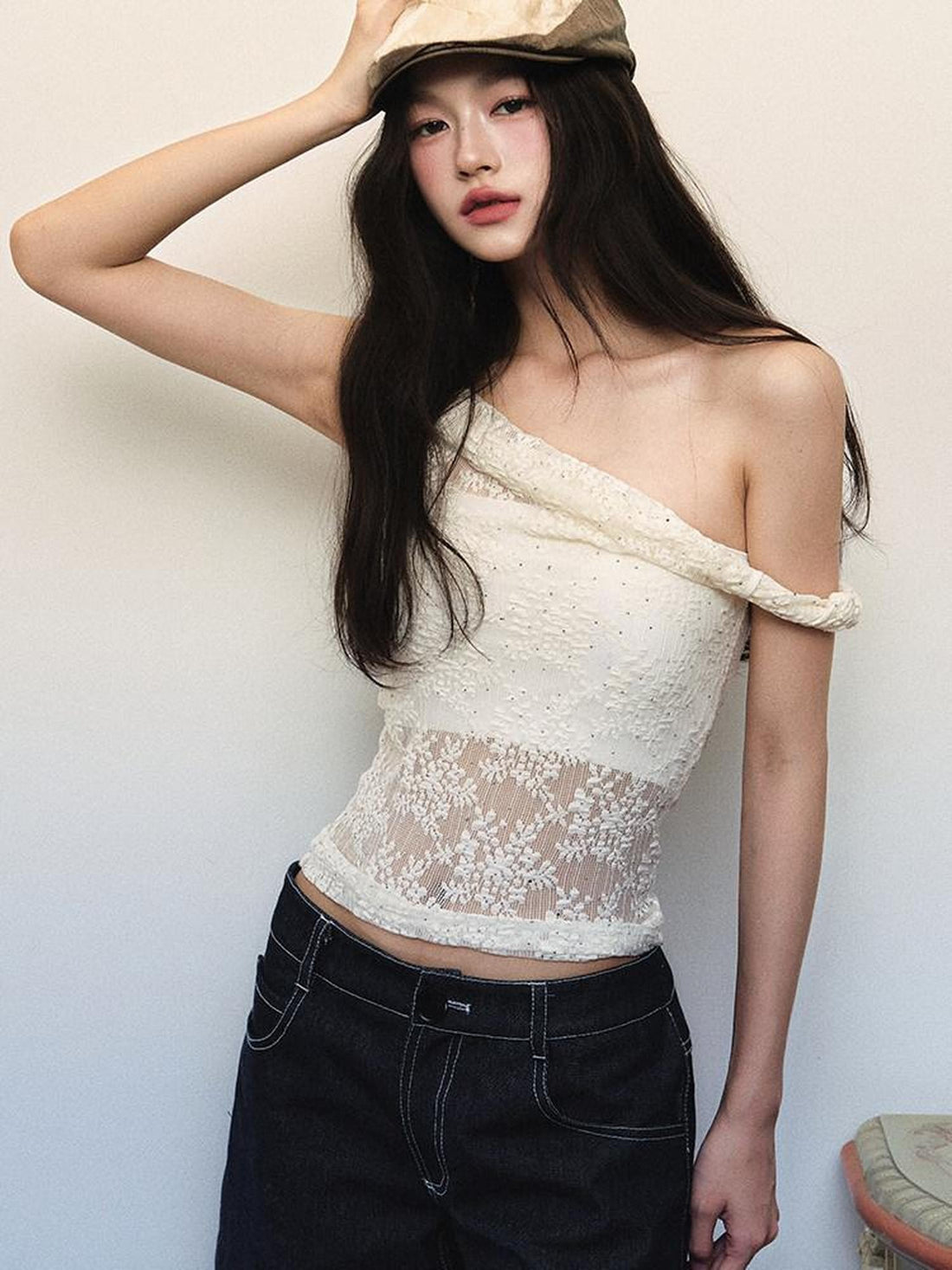 1P STUDIO Cream Lace Jacquard Twist Knot One Shoulder Women&