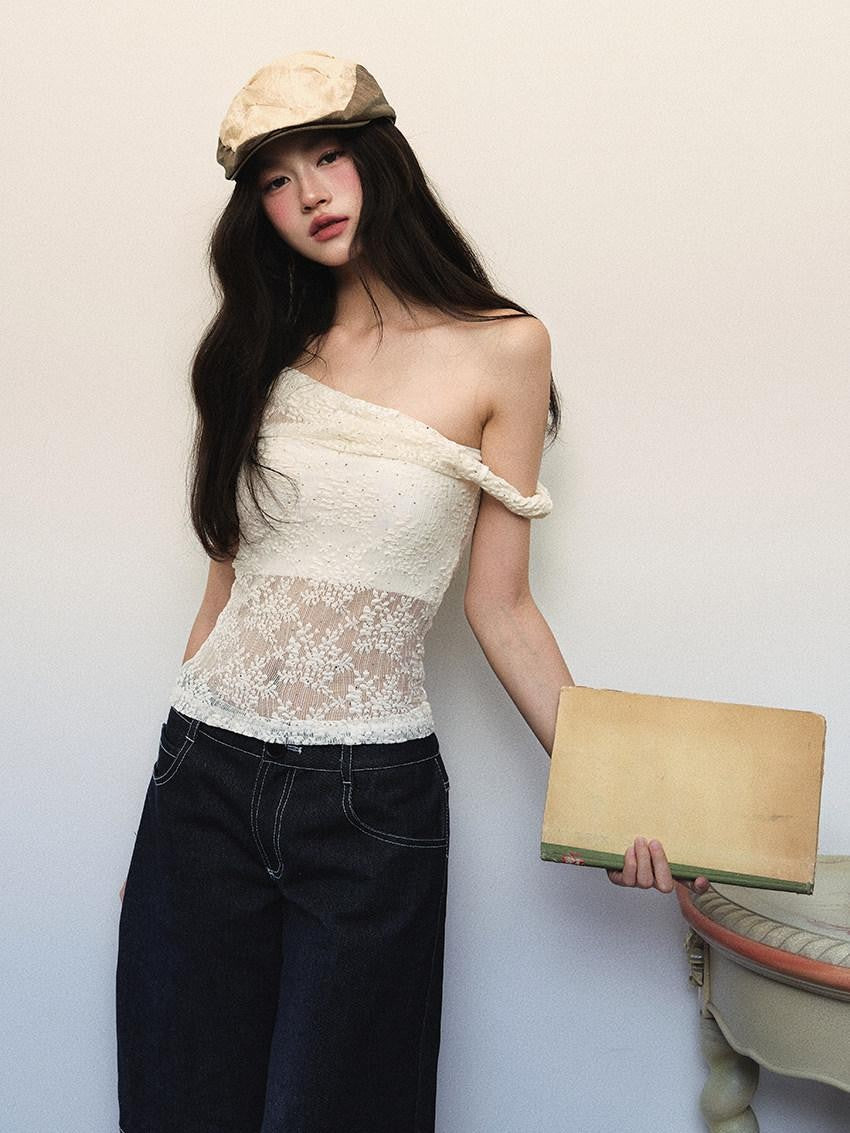 1P STUDIO Cream Lace Jacquard Twist Knot One Shoulder Women&