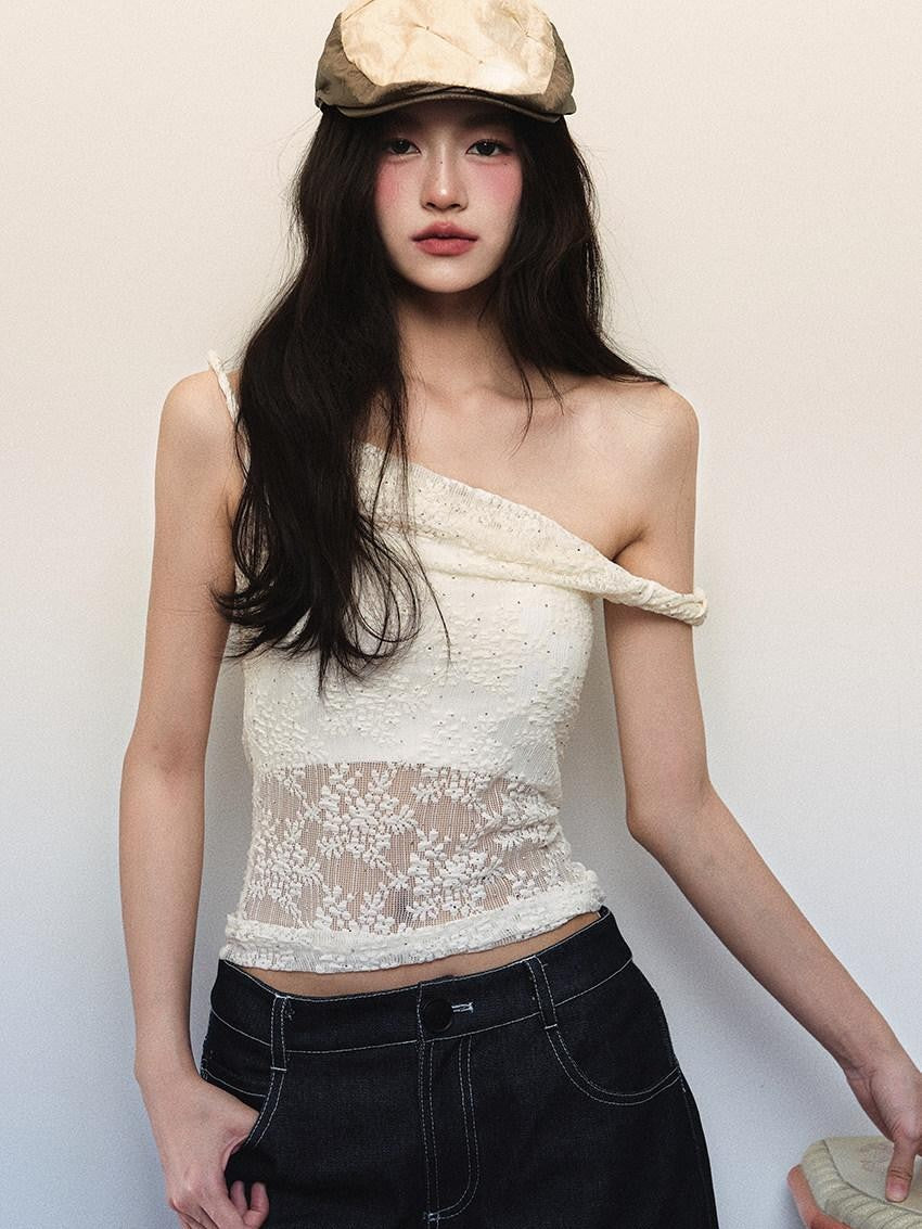 1P STUDIO Cream Lace Jacquard Twist Knot One Shoulder Women&