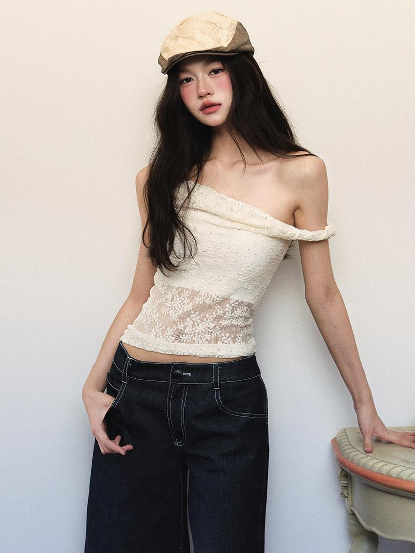 1P STUDIO Cream Lace Jacquard Twist Knot One Shoulder Women&