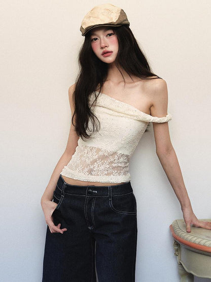 1P STUDIO Cream Lace Jacquard Twist Knot One Shoulder Women&
