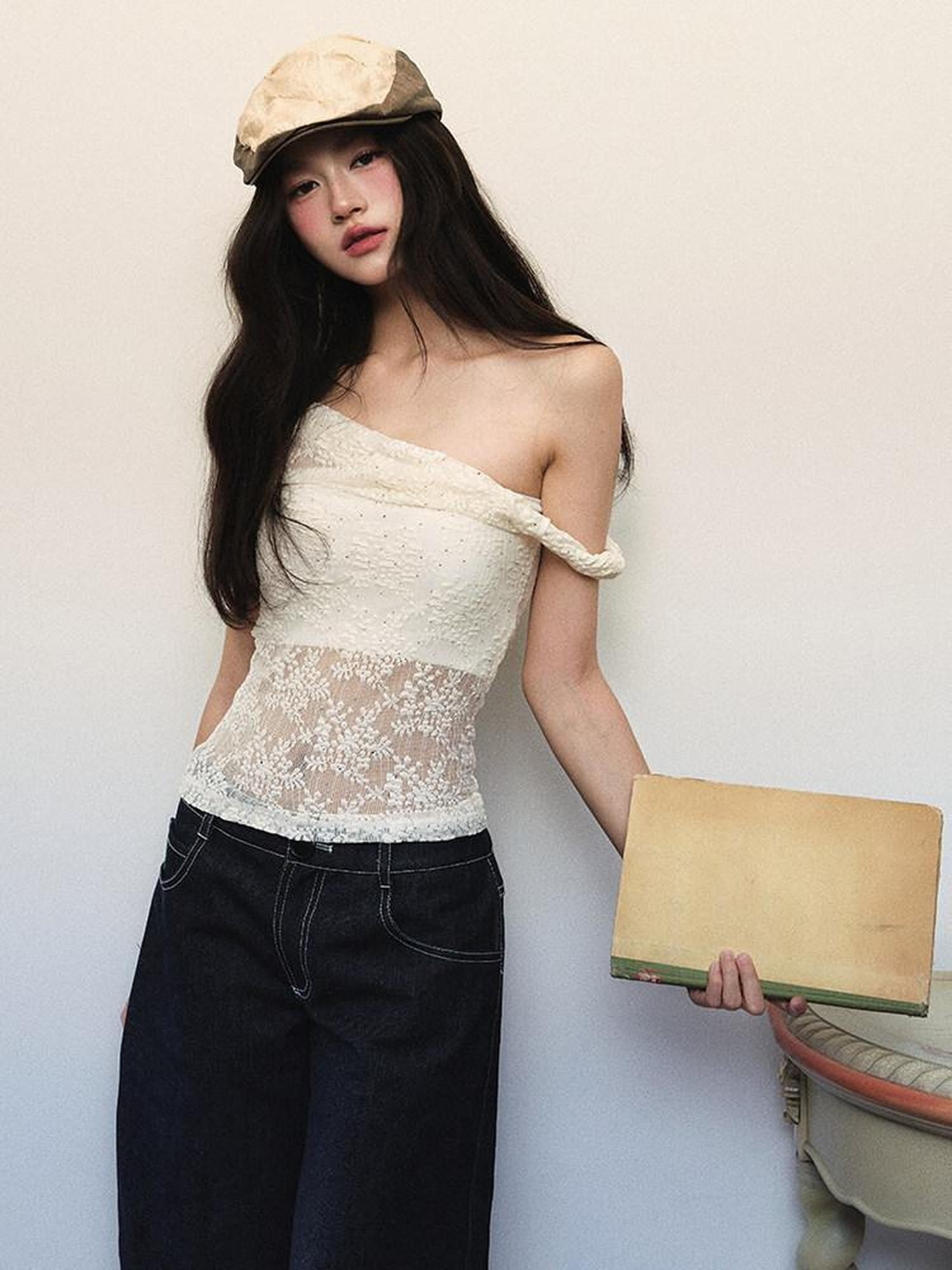 1P STUDIO Cream Lace Jacquard Twist Knot One Shoulder Women&