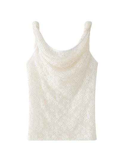 1P STUDIO Cream Lace Jacquard Twist Knot One Shoulder Women&