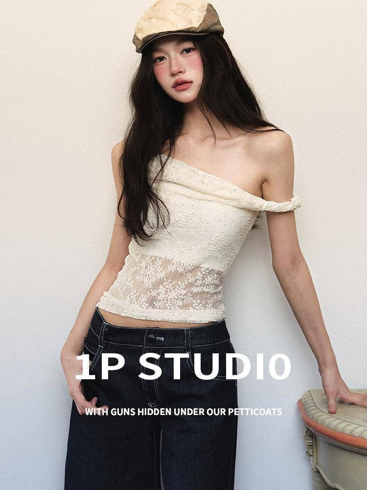 1P STUDIO Cream Lace Jacquard Twist Knot One Shoulder Women&