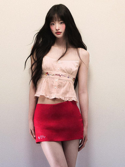 1P STUDIO Cropped Embroidered Ruffle Short Slim Fit Women&