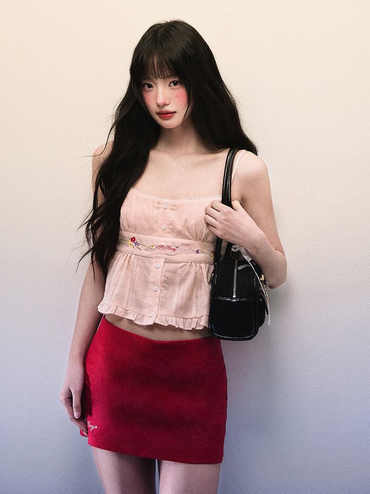 1P STUDIO Cropped Embroidered Ruffle Short Slim Fit Women&