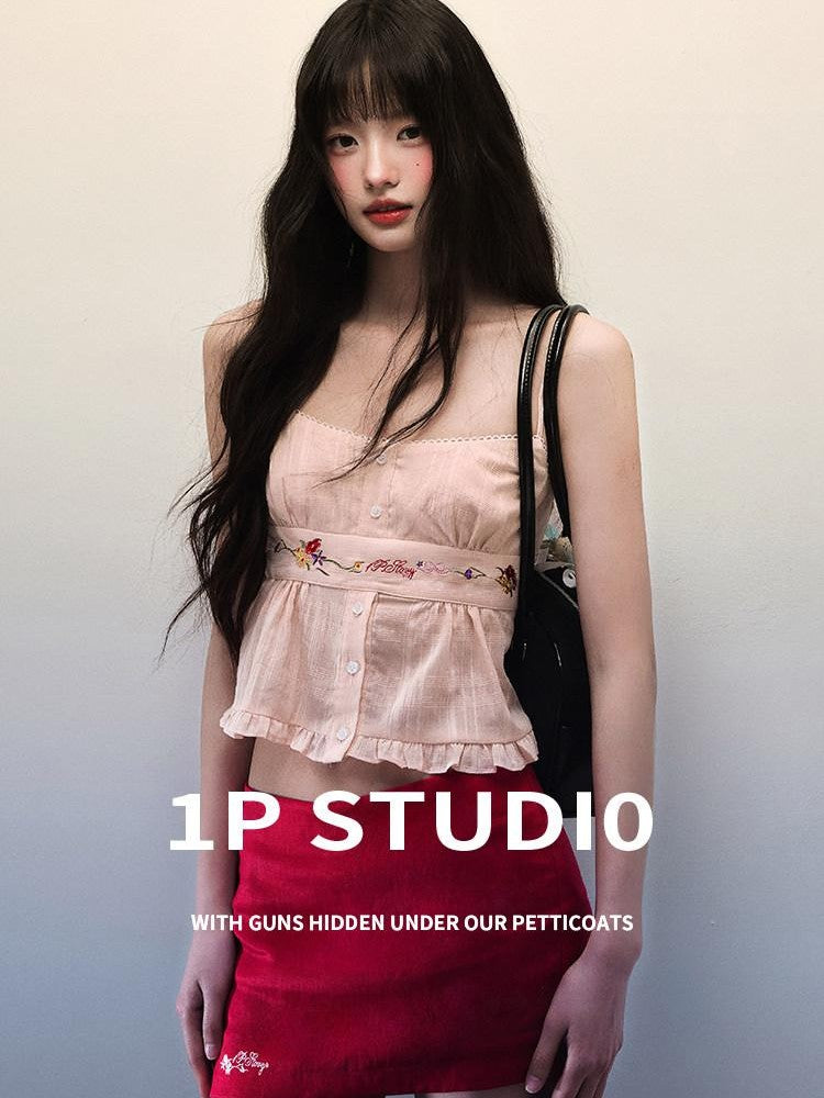 1P STUDIO Cropped Embroidered Ruffle Short Slim Fit Women&