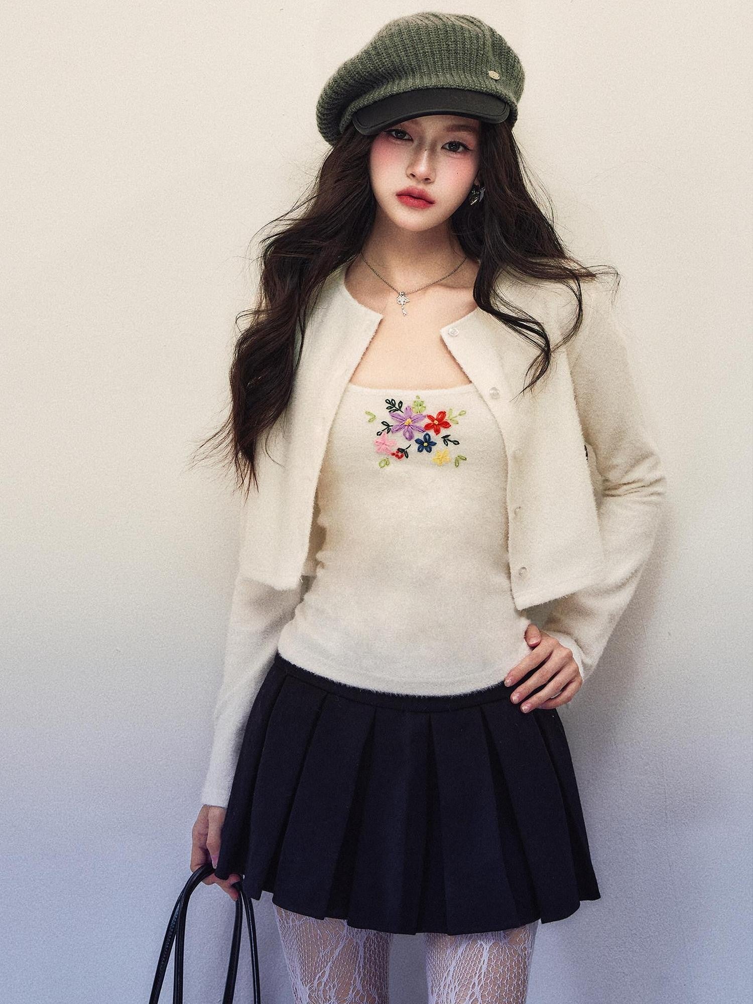 1P STUDIO Cropped Embroidered Stretch Knit Floral Slim Fit Women&