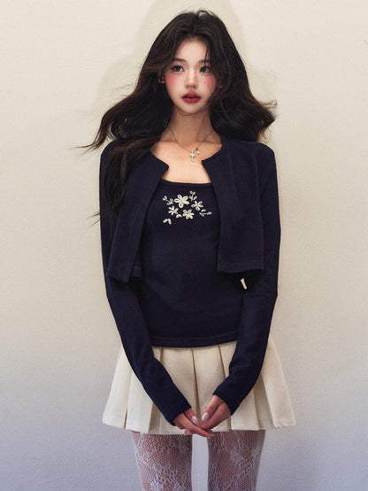 1P STUDIO Cropped Embroidered Stretch Knit Floral Slim Fit Women&