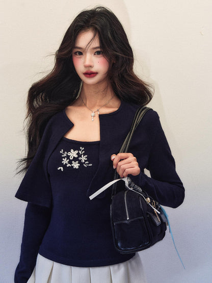 1P STUDIO Cropped Embroidered Stretch Knit Floral Slim Fit Women&