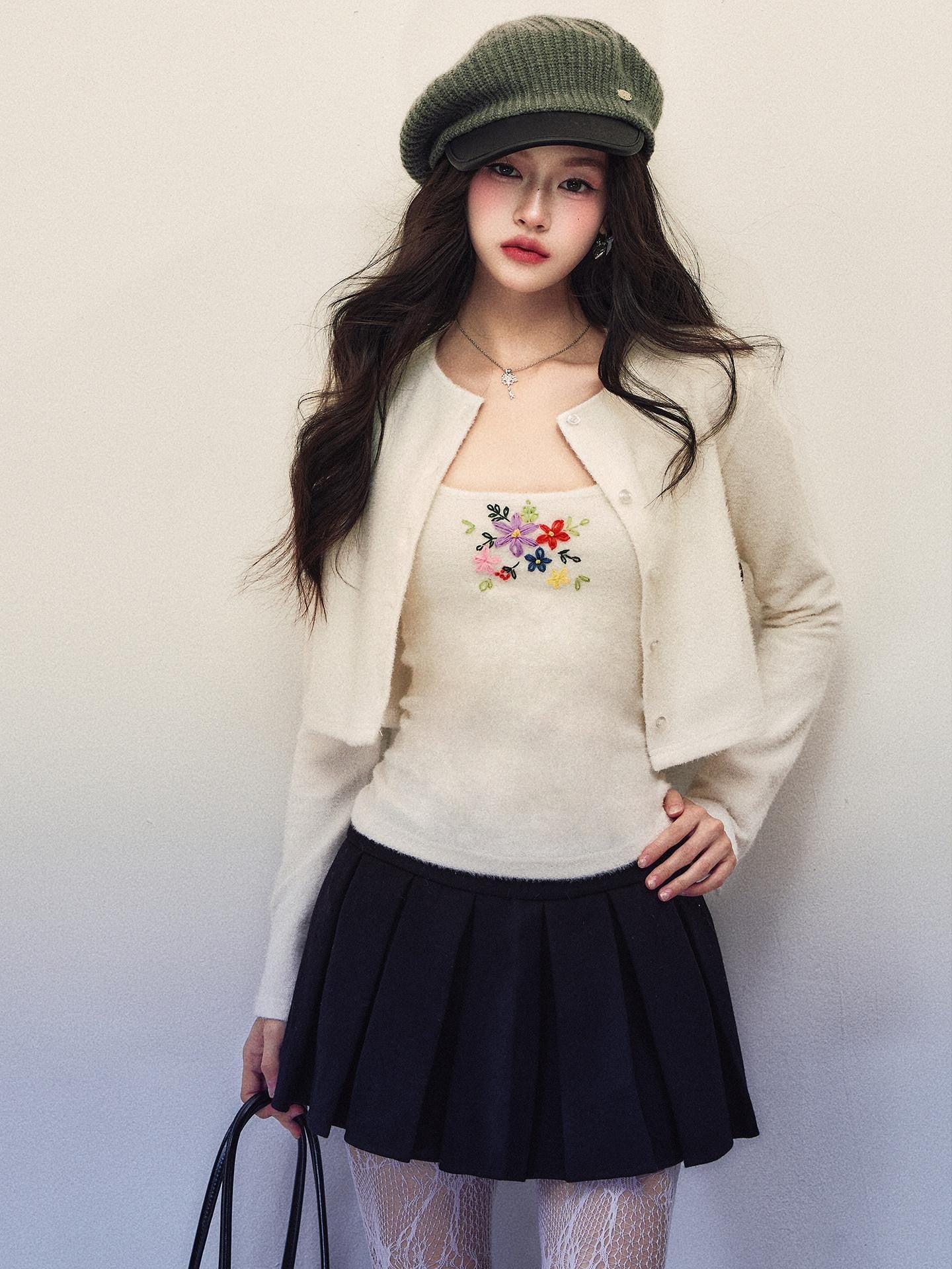 1P STUDIO Cropped Embroidered Stretch Knit Floral Slim Fit Women&