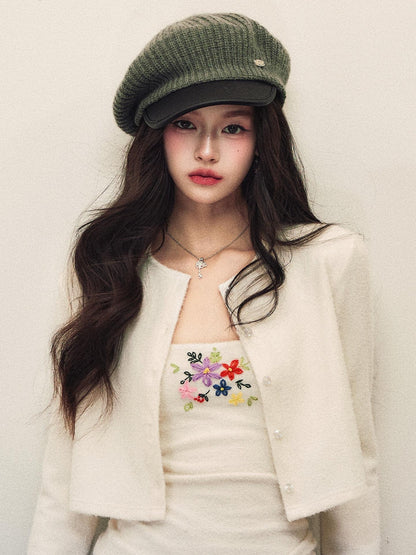 1P STUDIO Cropped Embroidered Stretch Knit Floral Slim Fit Women&