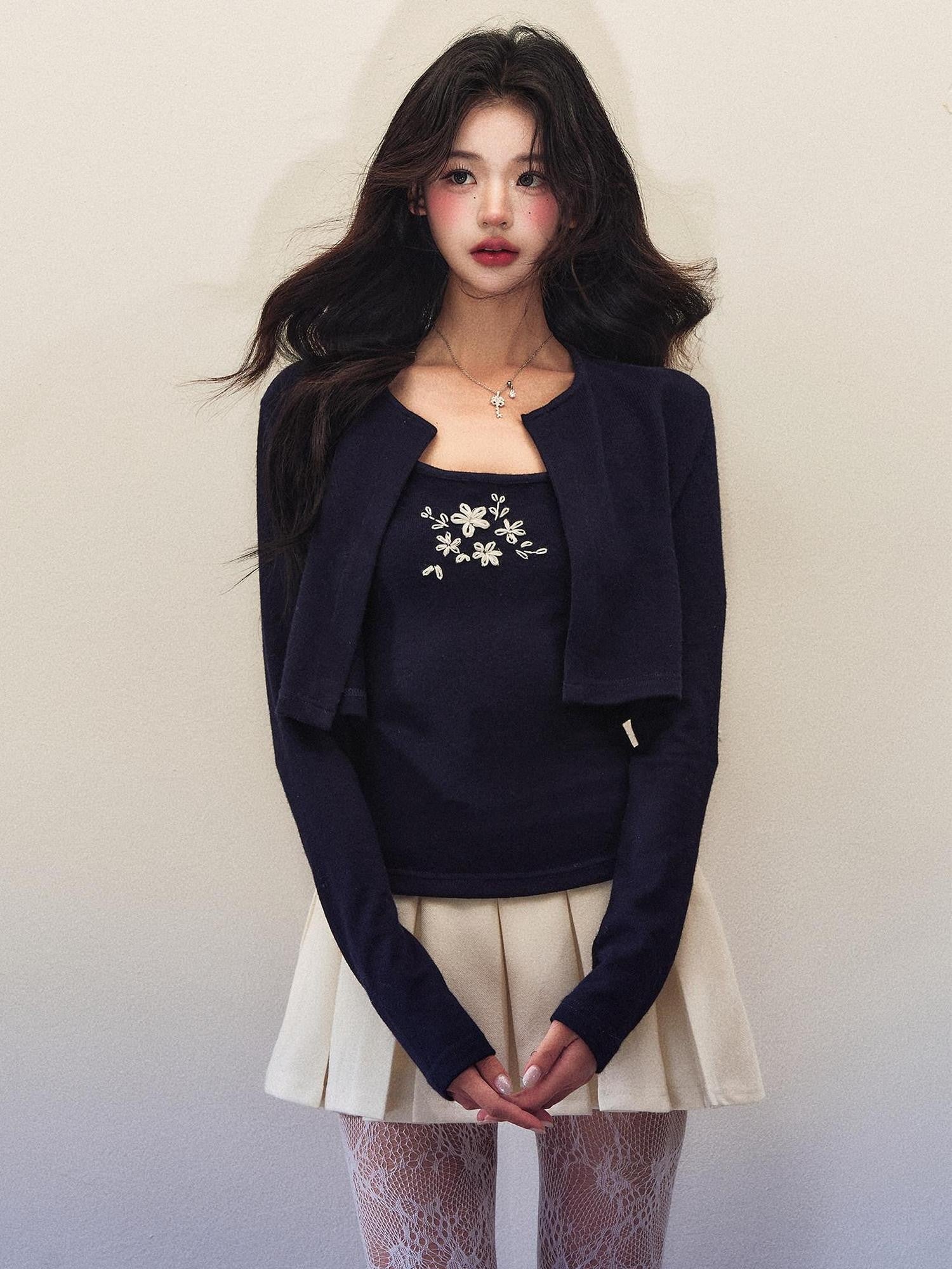 1P STUDIO Cropped Embroidered Stretch Knit Floral Slim Fit Women&