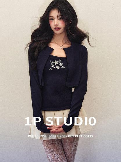 1P STUDIO Cropped Embroidered Stretch Knit Floral Slim Fit Women&