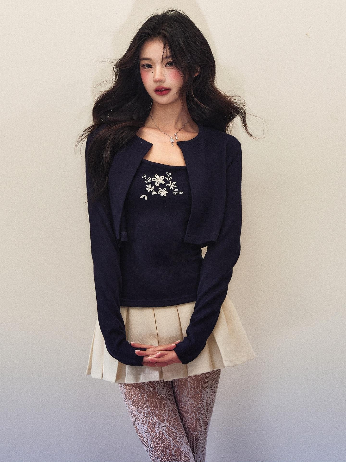 1P STUDIO Cropped Embroidered Stretch Knit Floral Slim Fit Women&