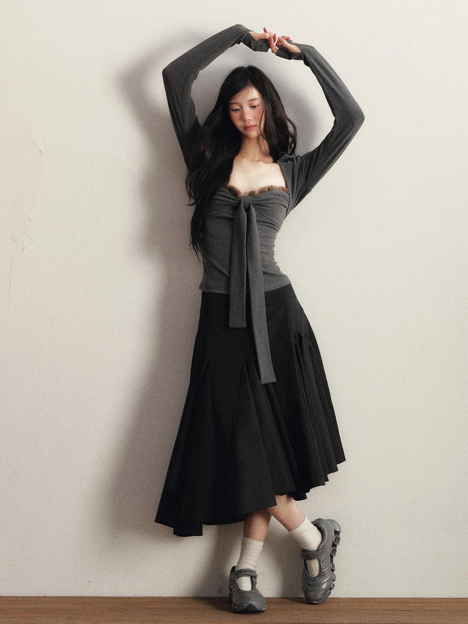1P STUDIO Deep Heather Grey Spliced Bow Cropped Two Piece Women&