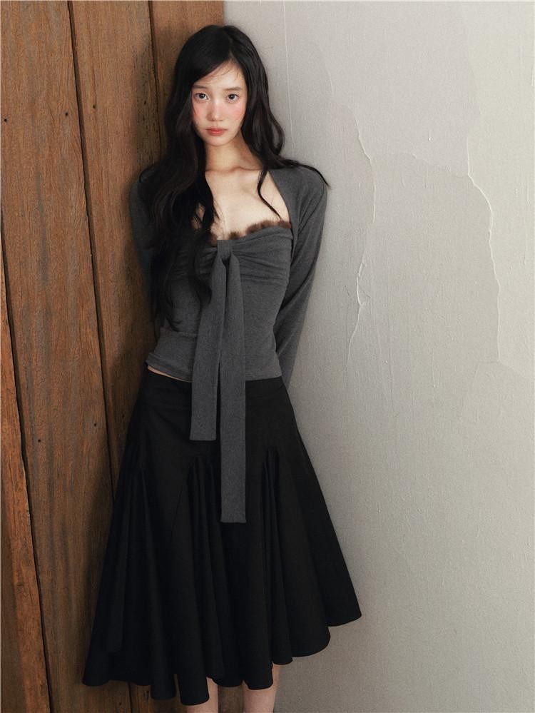 1P STUDIO Deep Heather Grey Spliced Bow Cropped Two Piece Women&