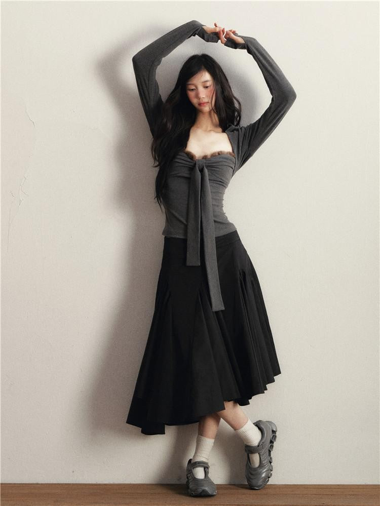 1P STUDIO Deep Heather Grey Spliced Bow Cropped Two Piece Women&
