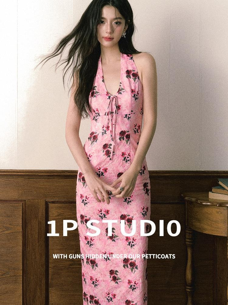 1P STUDIO Deep Rose Floral V-neck Fitted Waist Women&