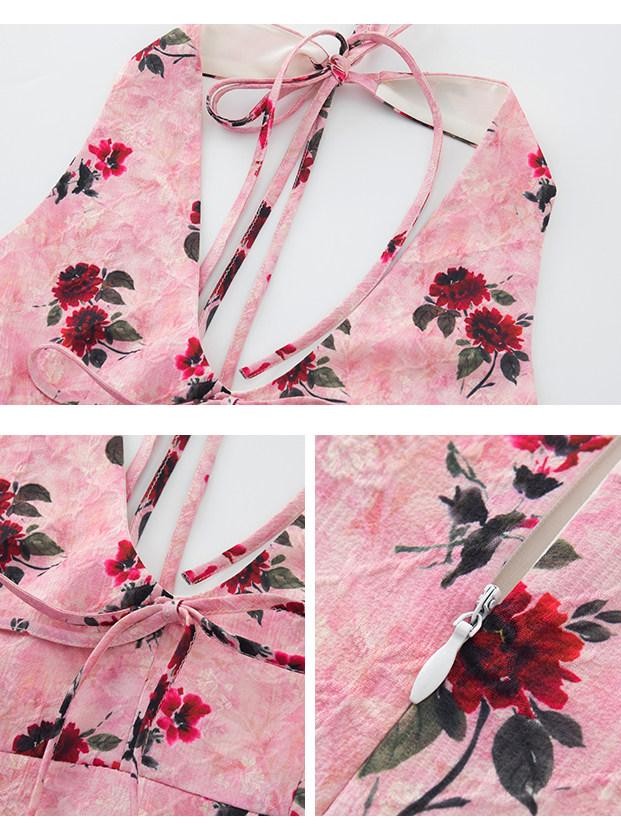 1P STUDIO Deep Rose Floral V-neck Fitted Waist Women&