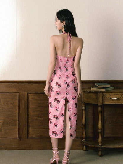 1P STUDIO Deep Rose Floral V-neck Fitted Waist Women&
