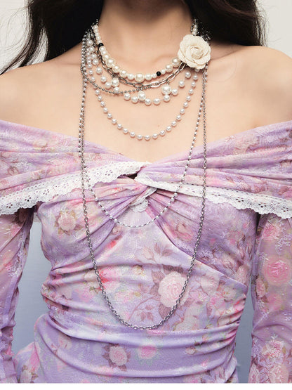 1P STUDIO Detachable Floral Pearl Multi Layer Chain Women&