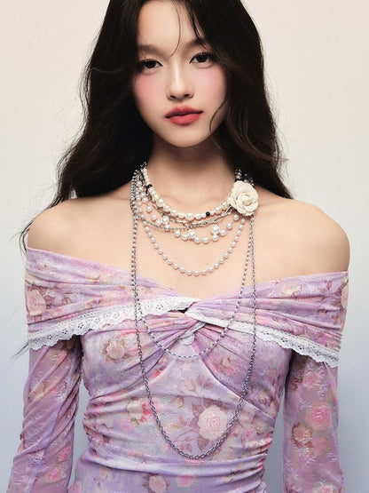 1P STUDIO Detachable Floral Pearl Multi Layer Chain Women&