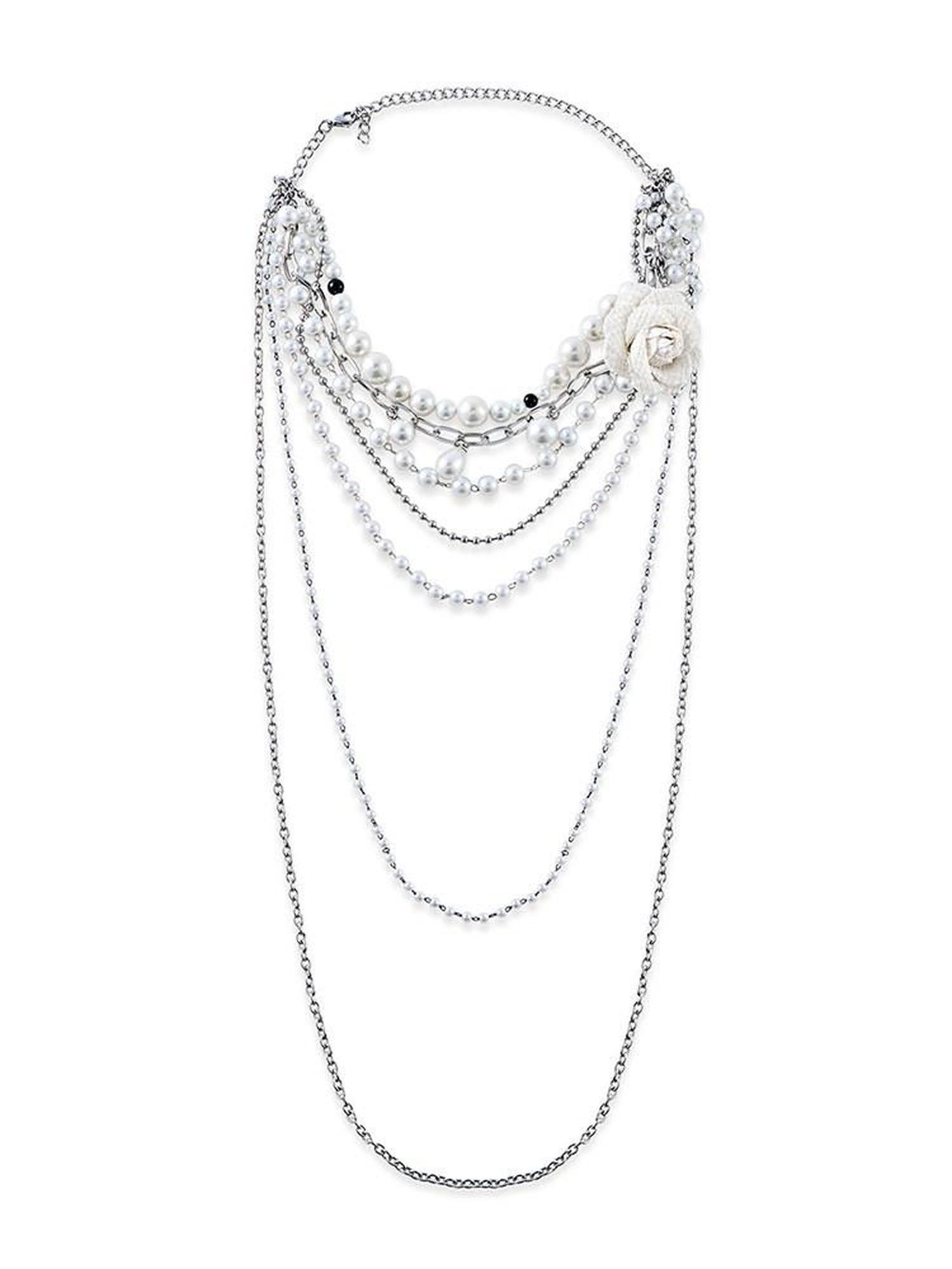 1P STUDIO Detachable Floral Pearl Multi Layer Chain Women&