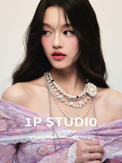 1P STUDIO Detachable Floral Pearl Multi Layer Chain Women&