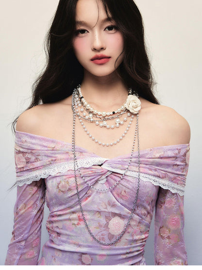 1P STUDIO Detachable Floral Pearl Multi Layer Chain Women&