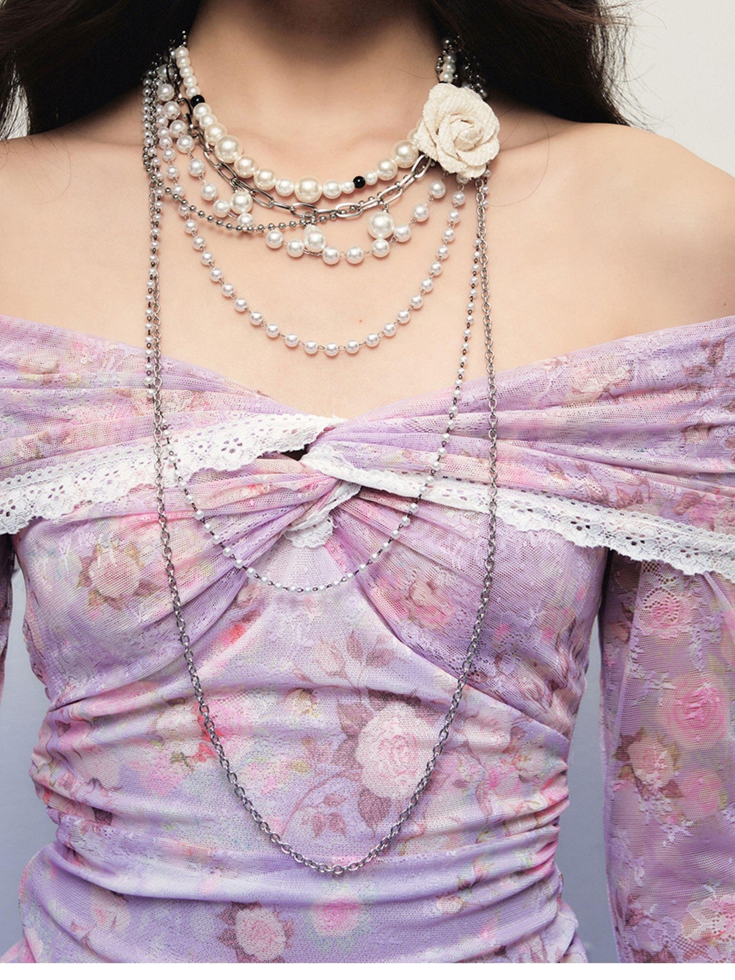 1P STUDIO Detachable Floral Pearl Multi Layer Chain Women&