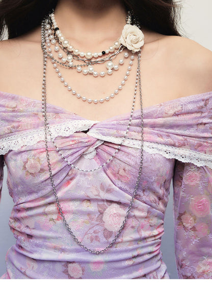 1P STUDIO Detachable Floral Pearl Multi Layer Chain Women&