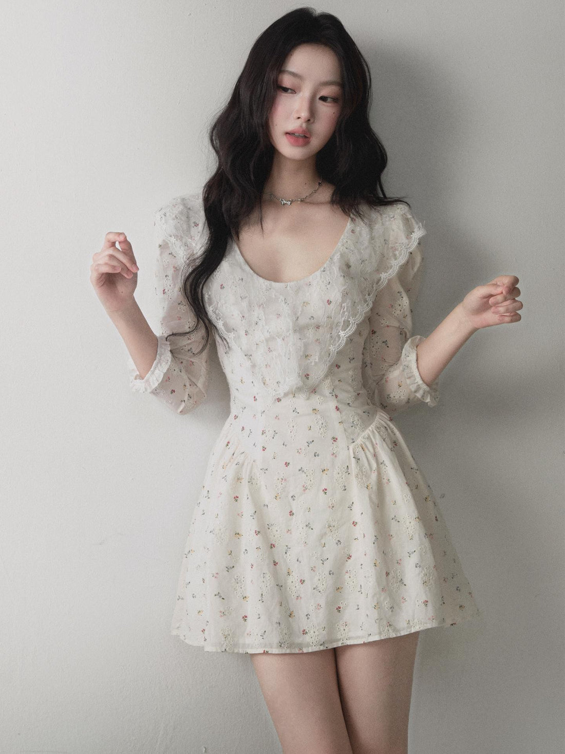 1P STUDIO Ditsy Floral Puff Sleeve U Neck Bow Waist Cinched Women&
