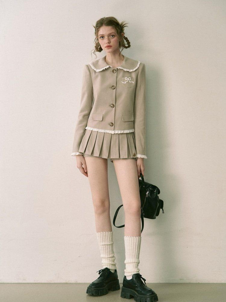1P STUDIO Doll Collar Tweed Jacket Low Waist Pleated Skirt Women&