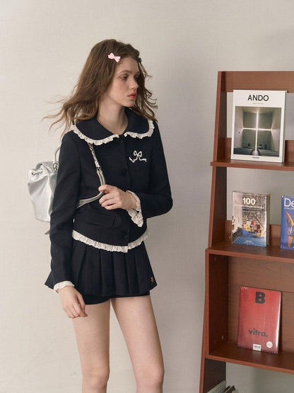 1P STUDIO Doll Collar Tweed Jacket Low Waist Pleated Skirt Women&