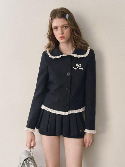 1P STUDIO Doll Collar Tweed Jacket Low Waist Pleated Skirt Women&